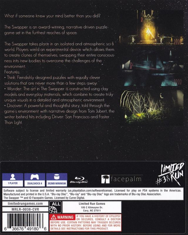 Back Cover for The Swapper (PlayStation 4) (Limited Run Games release #38)