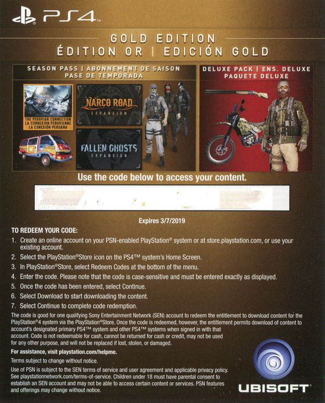 Other for Tom Clancy's Ghost Recon: Wildlands (Gold Edition) (PlayStation 4): Gold Edition DLC Voucher Front