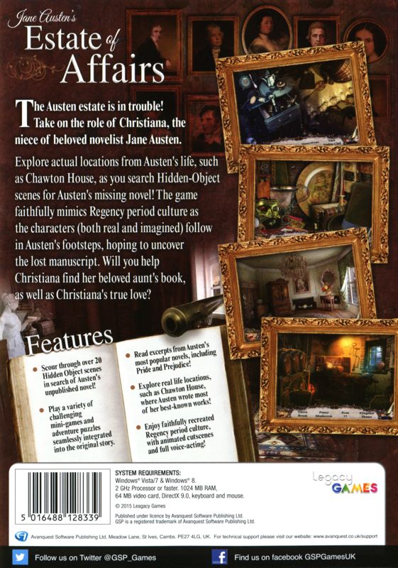 Back Cover for Jane Austen's Estate of Affairs (Windows)