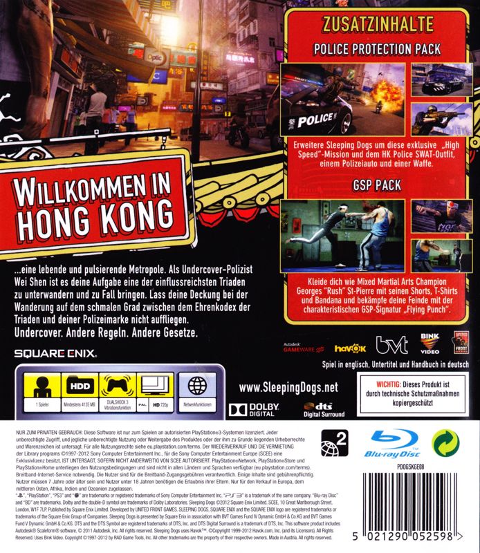Back Cover for Sleeping Dogs: Limited Edition (PlayStation 3)