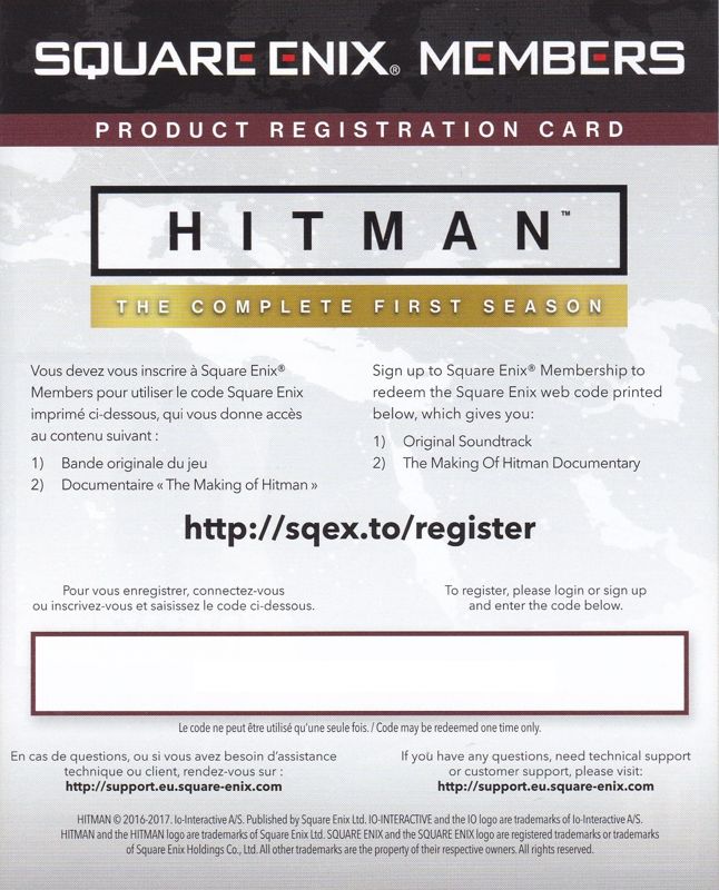 Extras for Hitman: The Complete First Season (Steelbook Edition) (PlayStation 4): Square Enix Registration Flyer - Back