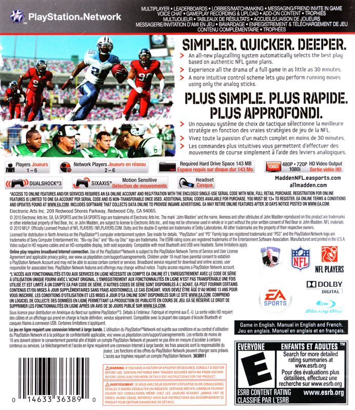 Back Cover for Madden NFL 11 (PlayStation 3)