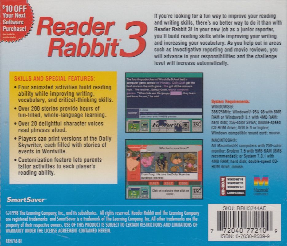 Back Cover for Reader Rabbit 3 (Macintosh and Windows 3.x) (1998 SmartSaver release)