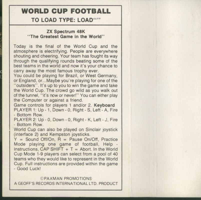 Inside Cover for World Cup Football (ZX Spectrum)