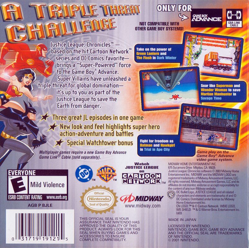 Back Cover for Justice League: Chronicles (Game Boy Advance)