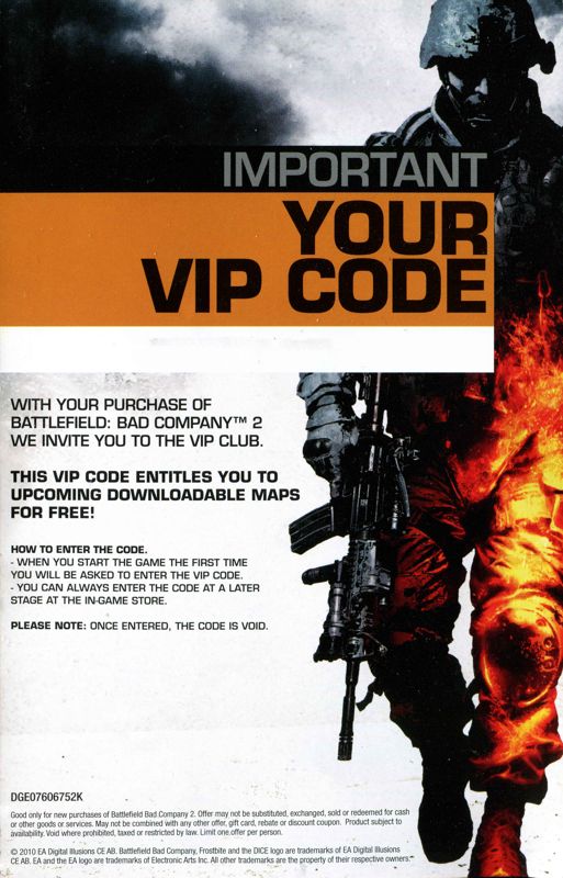 Other for Battlefield: Bad Company 2 (Xbox 360) (Classics release): Vip card - back
