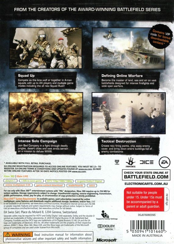 Back Cover for Battlefield: Bad Company 2 (Xbox 360) (Classics release)