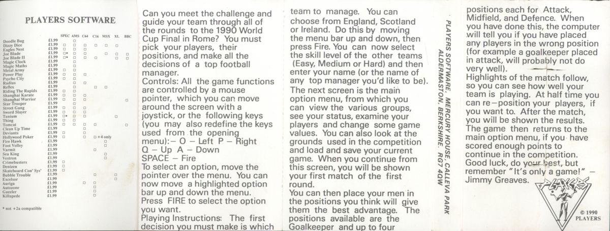 Inside Cover for World Cup Challenge (ZX Spectrum)