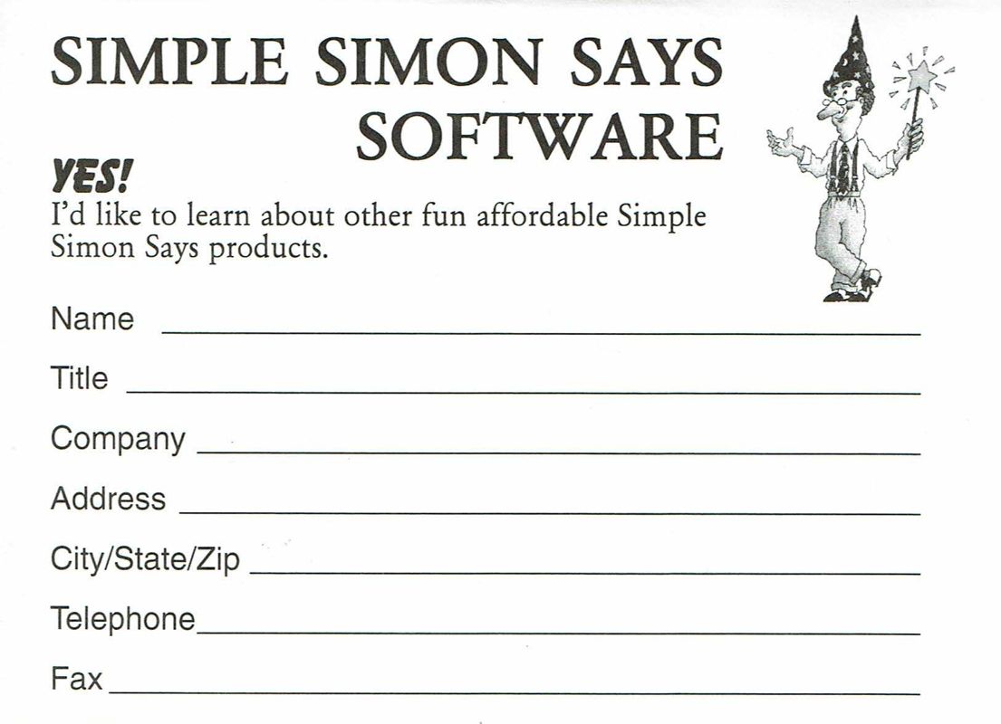 Extras for Simple Simon Says: Christmas for Windows - Release 2 (Windows 16-bit): Registration Card - Back