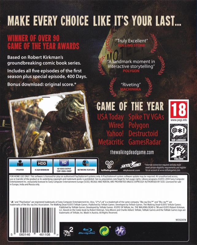 Back Cover for The Walking Dead: The Complete First Season Plus 400 Days (PlayStation 4)