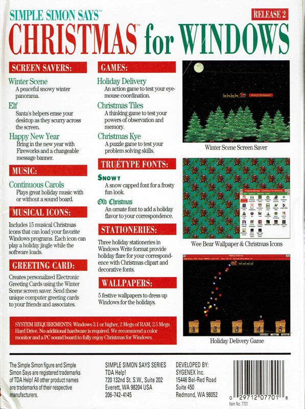 Back Cover for Simple Simon Says: Christmas for Windows - Release 2 (Windows 16-bit)