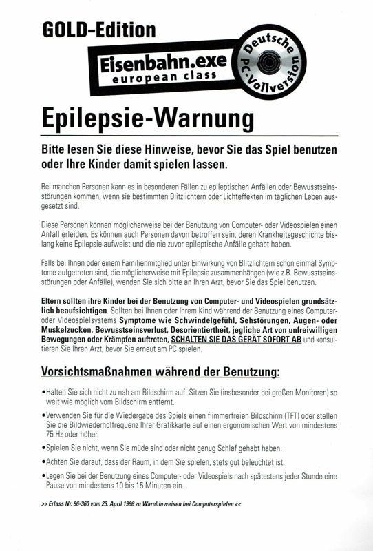 Manual for Eisenbahn.exe: European Class - Gold Edition (Windows): Back