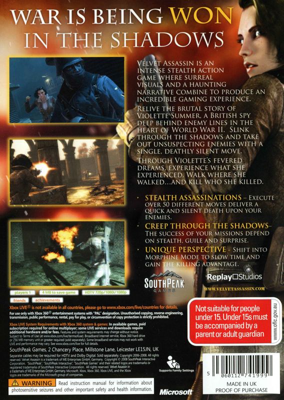 Back Cover for Velvet Assassin (Xbox 360)