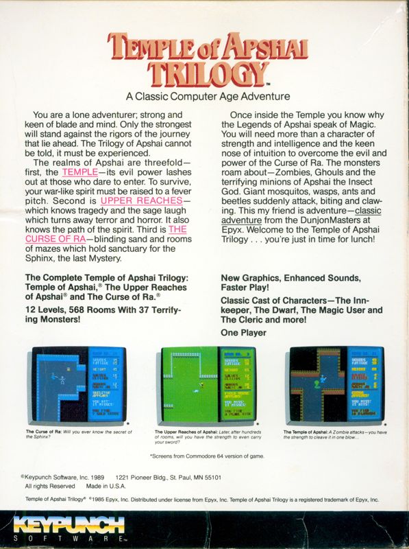 Back Cover for Temple of Apshai Trilogy (DOS) (Keypunch Software release)