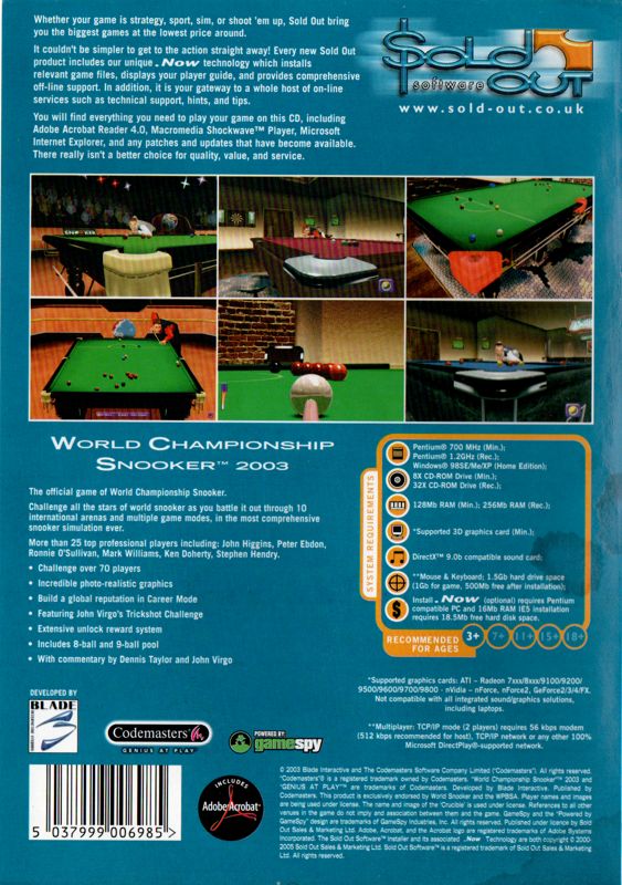 Back Cover for World Championship Snooker 2003 (Windows) (Sold Out Software release)