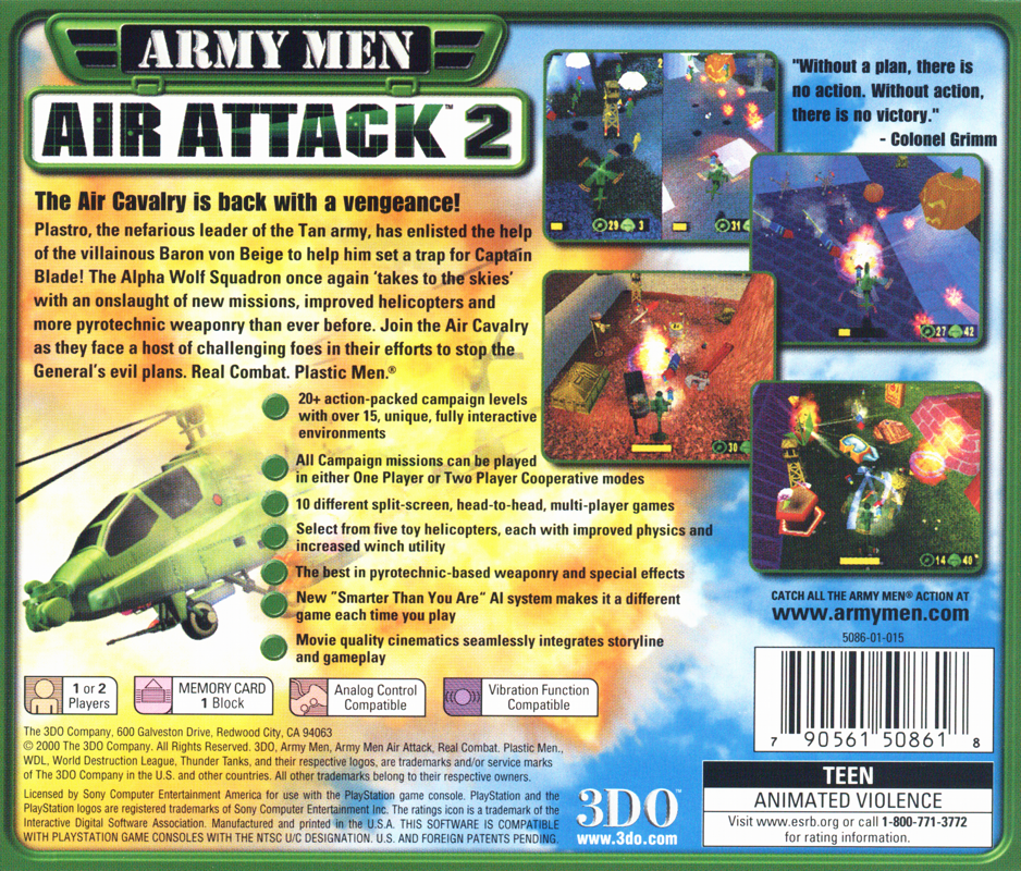 Back Cover for Army Men: Air Attack 2 (PlayStation)