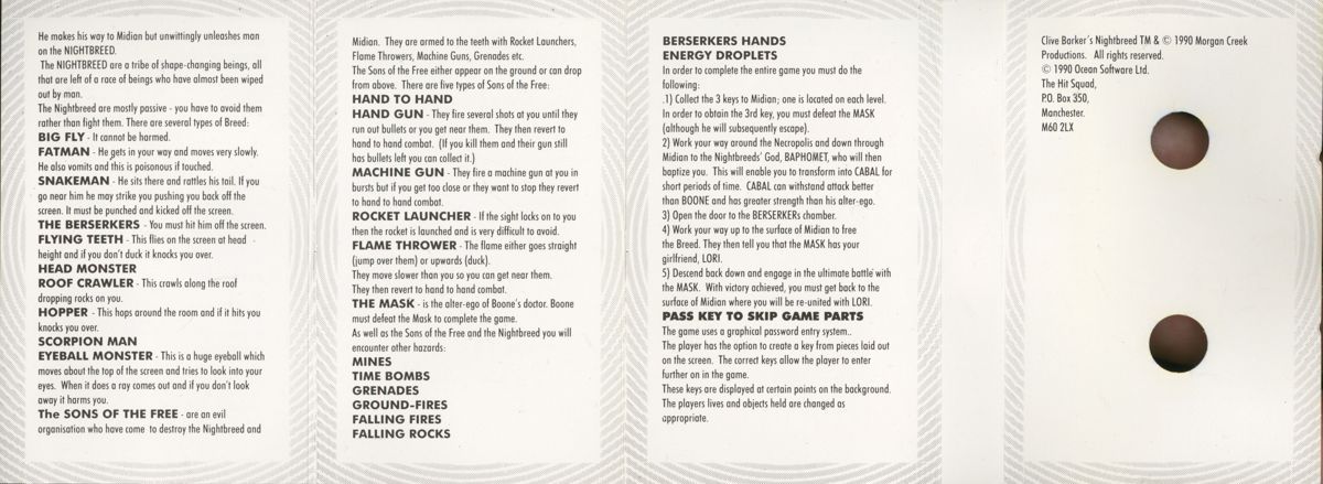 Inside Cover for Clive Barker's Nightbreed: The Action Game (ZX Spectrum) (The Hit Squad release)