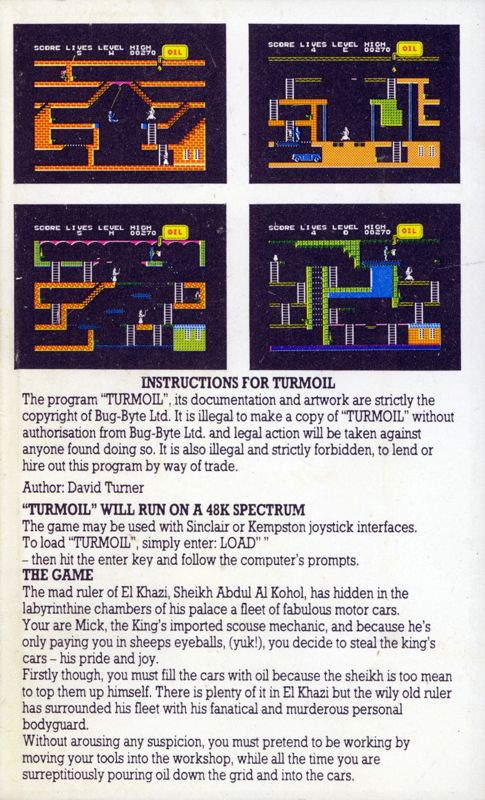 Inside Cover for Turmoil (ZX Spectrum): side A, I (next to front cover)