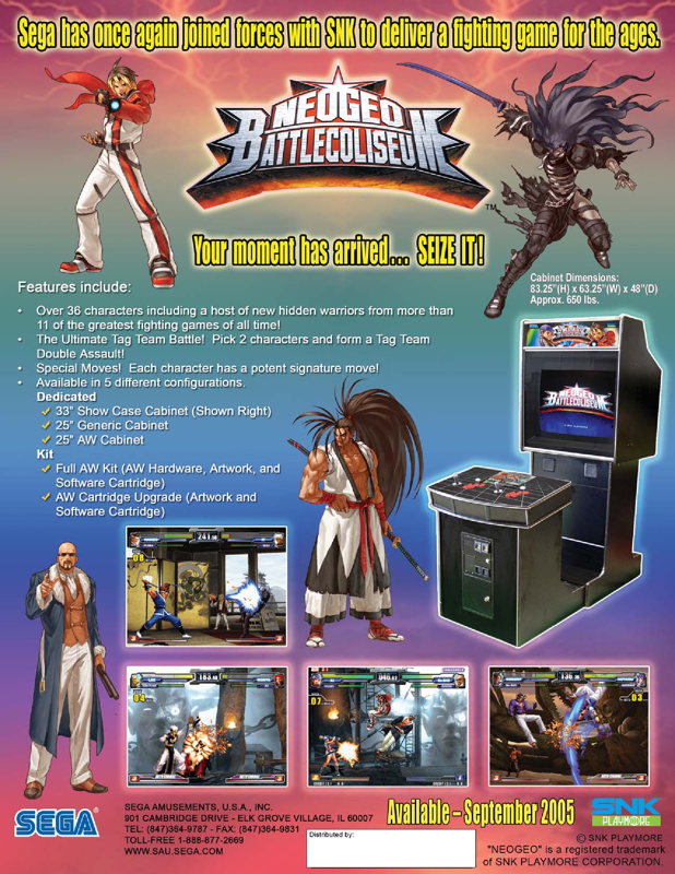 Back Cover for NeoGeo Battle Coliseum (Arcade) (From segaarcade.com)