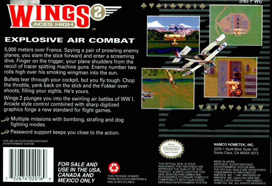 Back Cover for Wings 2: Aces High (SNES)