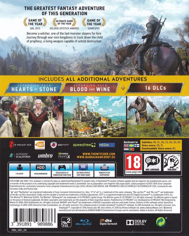 Back Cover for The Witcher 3: Wild Hunt - Complete Edition (PlayStation 4)