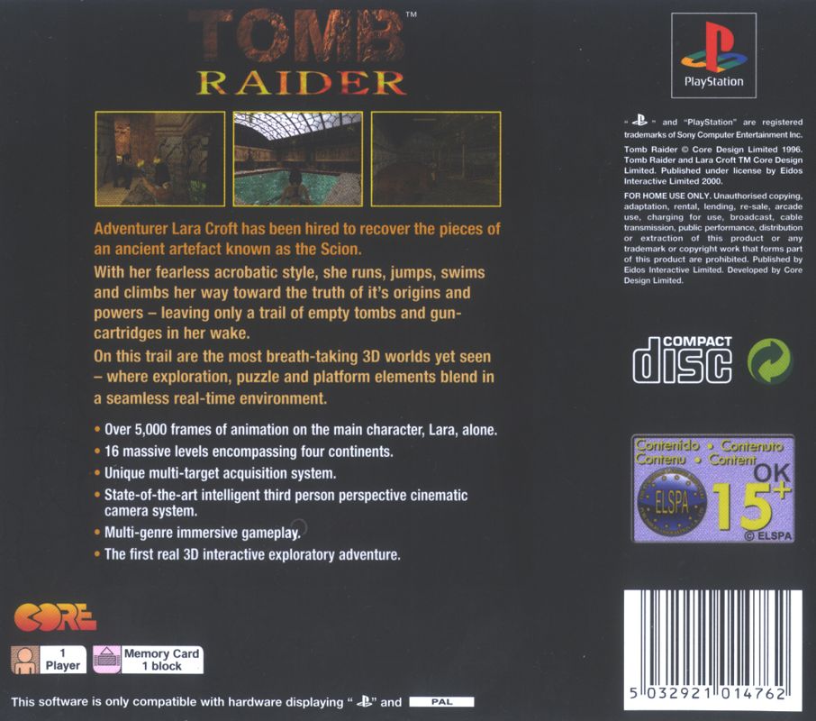 Back Cover for Tomb Raider (PlayStation) (2000 re-release)