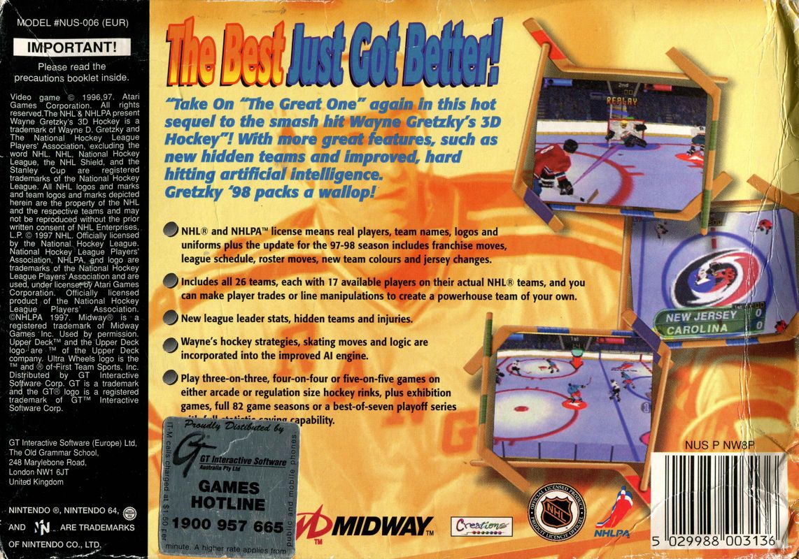 Back Cover for Wayne Gretzky's 3D Hockey '98 (Nintendo 64)