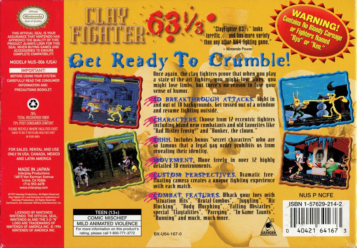 Back Cover for Clay Fighter 63 1/3 (Nintendo 64)