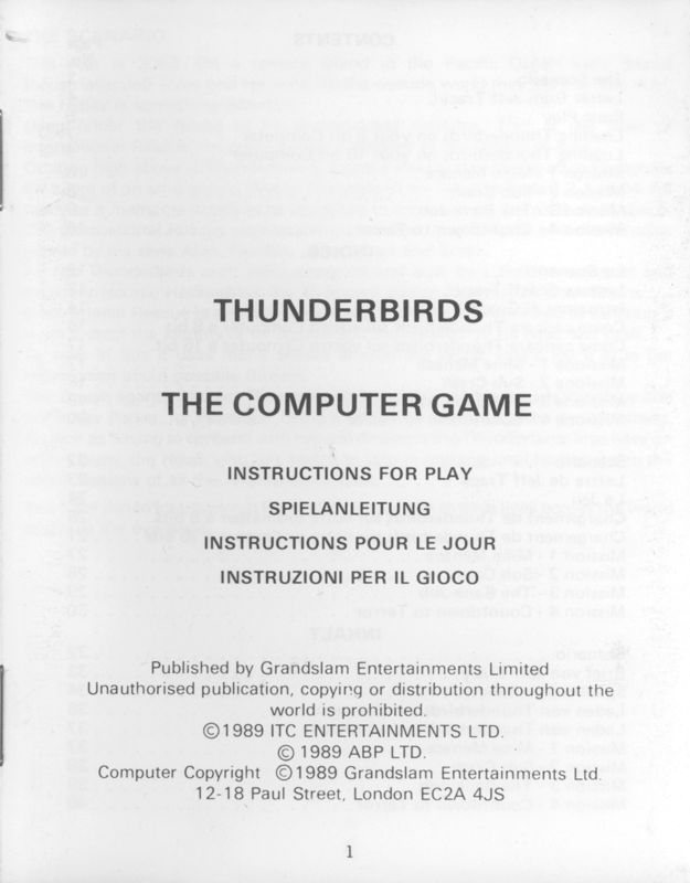 Manual for Thunderbirds (ZX Spectrum): 1st page