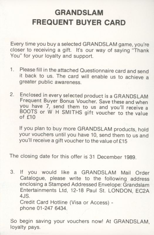 Extras for Thunderbirds (ZX Spectrum): Grandslam frequent buyer card (info)