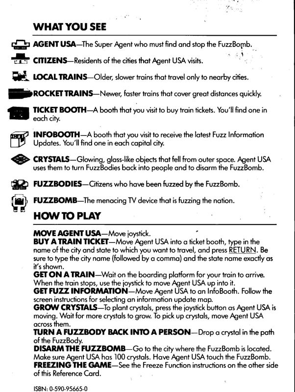 Reference Card for Agent USA (Atari 8-bit): Side B