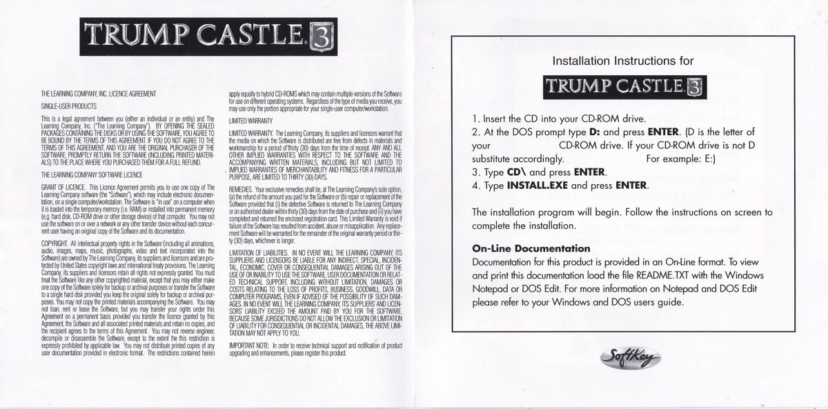 Other for Trump Castle 3 (DOS) (SoftKey re-release): Licence and Installation Instructions