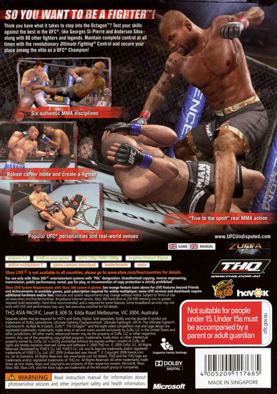 Back Cover for UFC 2009 Undisputed (Xbox 360)