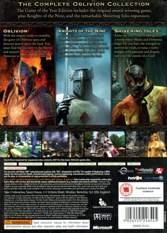 Back Cover for The Elder Scrolls IV: Oblivion - Game of the Year Edition (Xbox 360)