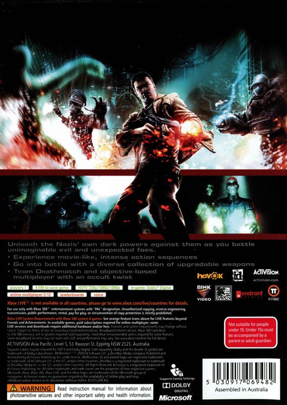 Back Cover for Wolfenstein (Xbox 360)