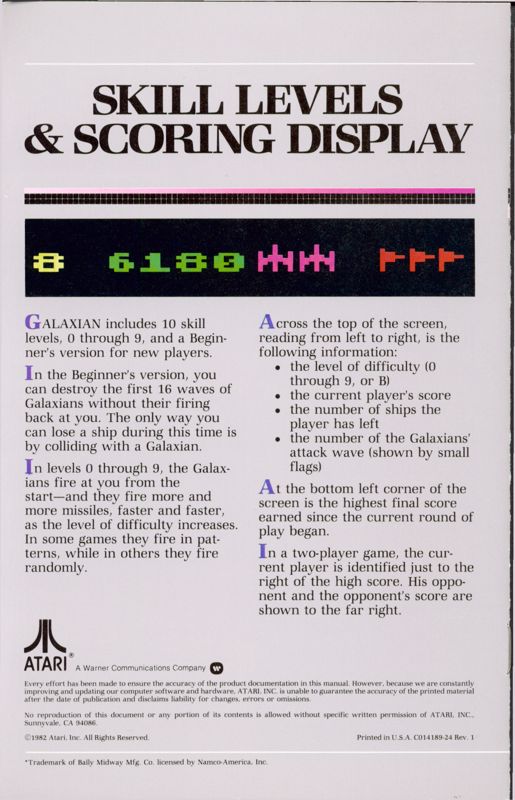 Manual for Galaxian (Atari 8-bit): Back
