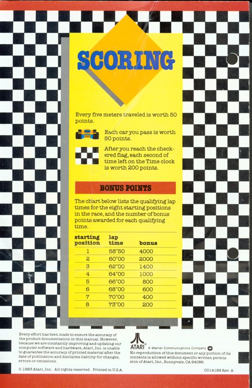 Manual for Pole Position (Atari 8-bit): Back