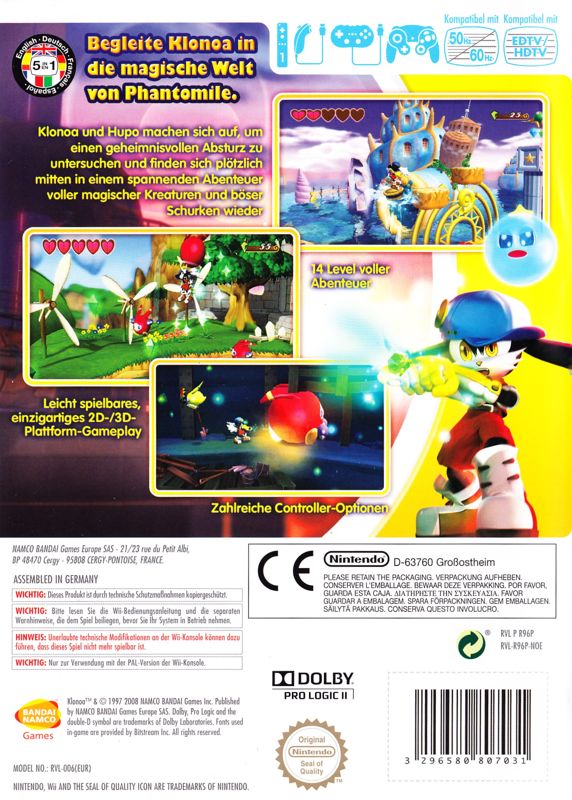 Back Cover for Klonoa (Wii)