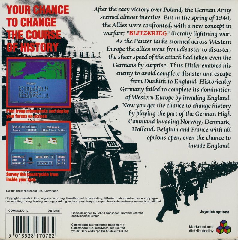 Back Cover for Len Deighton's Blitzkrieg: The Game - From the Rise of Hitler to the Fall of England (Commodore 64)