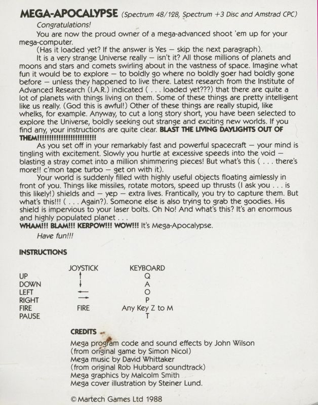 Inside Cover for Mega-Apocalypse (ZX Spectrum)