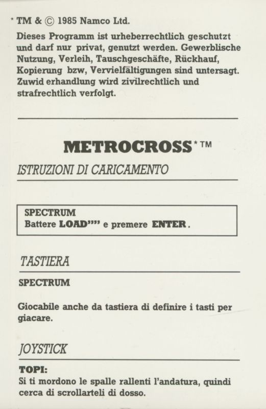 Inside Cover for Metro Cross (ZX Spectrum) (Kixx release): side B, III (reverse side A, I)
