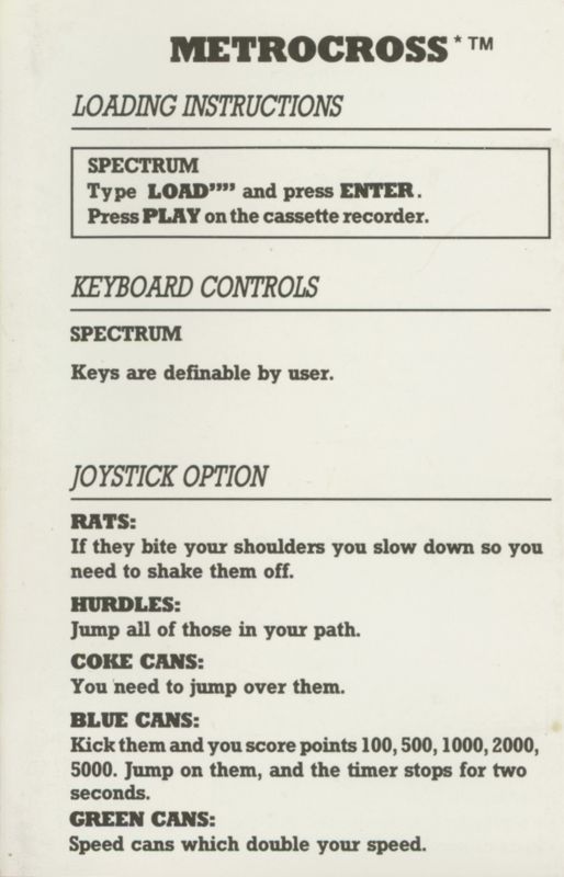 Inside Cover for Metro Cross (ZX Spectrum) (Kixx release): side A, I (next to front cover)