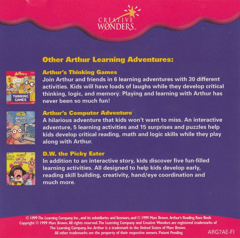 Inside Cover for Arthur's Reading Games (Macintosh and Windows): Front Reverse