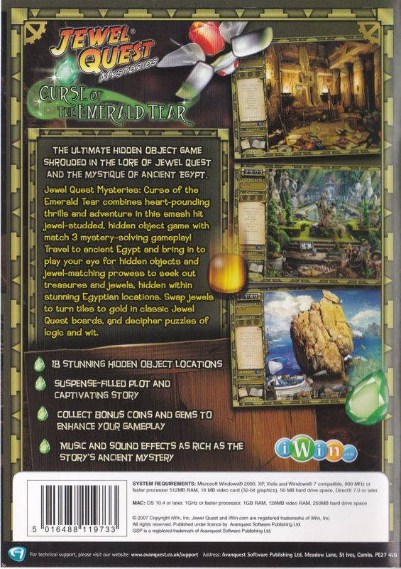 Back Cover for Jewel Quest Mysteries: Curse of the Emerald Tear (Macintosh and Windows) (GSP's Click & Play release (alternate back panel and catalogue number))