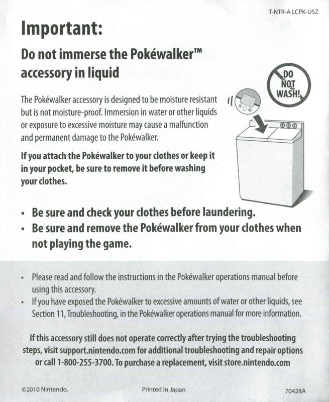 Extras for Pokémon HeartGold Version (Nintendo DS) (Bundled with Pokéwalker): Pokewalker safety insert - front