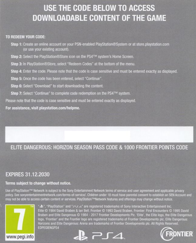 Extras for Elite: Dangerous (Legendary Edition) (PlayStation 4): DLC Horizons Season Pass / 1000 Frontier Points - Back