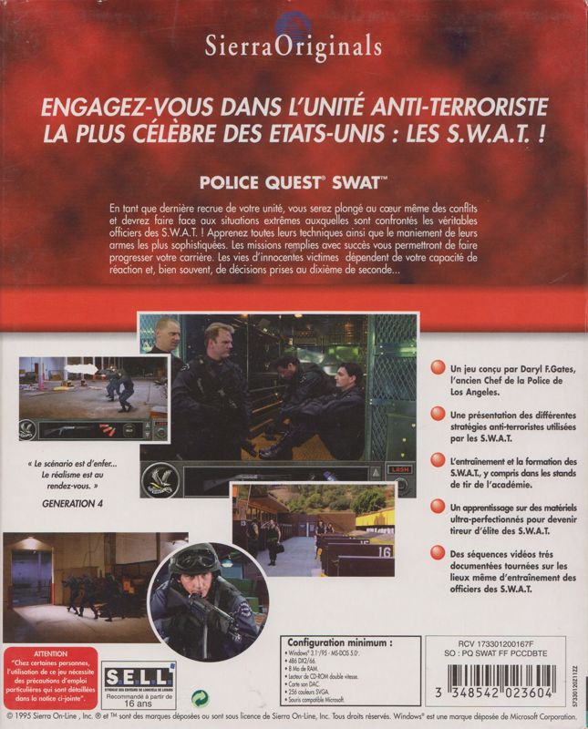 Back Cover for Daryl F. Gates' Police Quest: SWAT (DOS and Windows and Windows 16-bit) (SierraOriginals release)