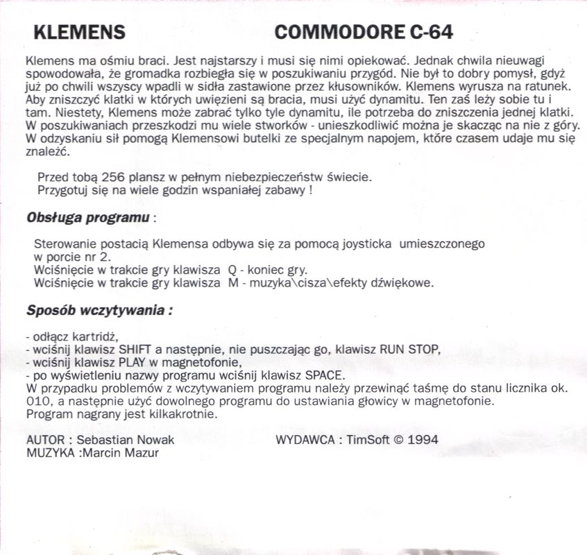 Inside Cover for Klemens (Commodore 64)