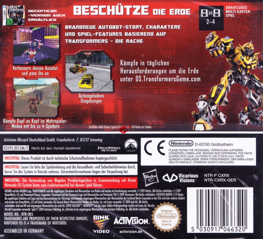 Back Cover for Transformers: Revenge of the Fallen - Autobots (Nintendo DS) (Re-release)