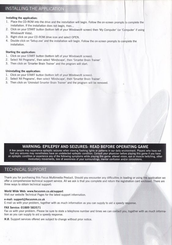 Inside Cover for Smarter Brain Trainer (Windows): Left